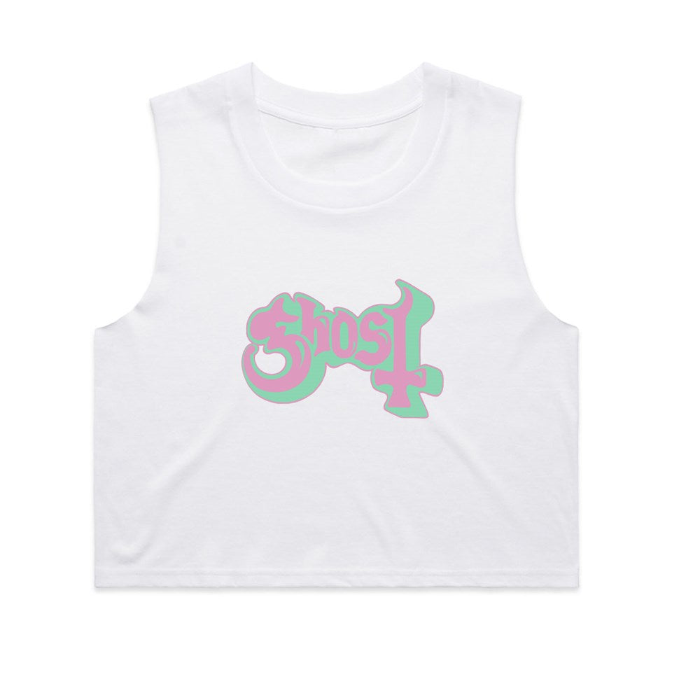 Ghost Satanic Panic Logo Crop Tank – White