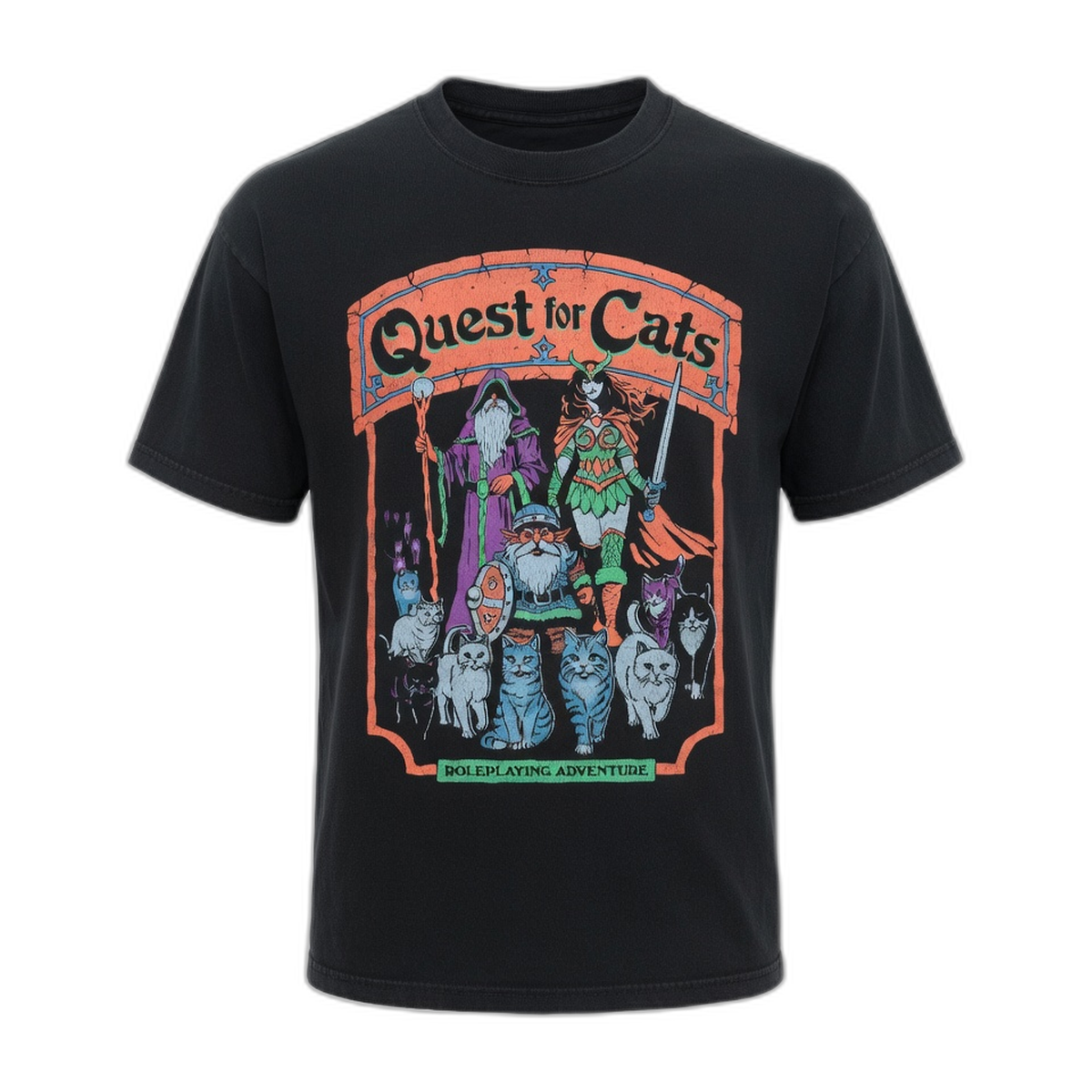 Steven Rhodes Quest for Cats T-Shirt – Black Vintage